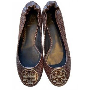 Tory Burch Brown Reva Snakeskin Ballet Flats Size 10 Coquette Slip Ons